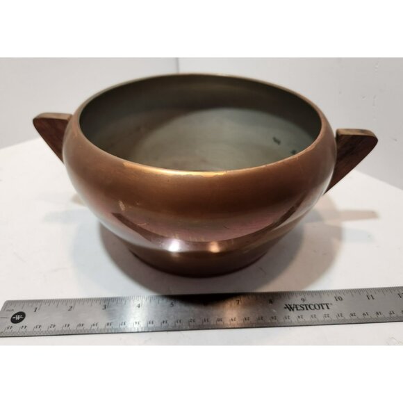 Vintage Round Art Deco Copper Pot With 2 Wooden Handles - Picture 14 of 16